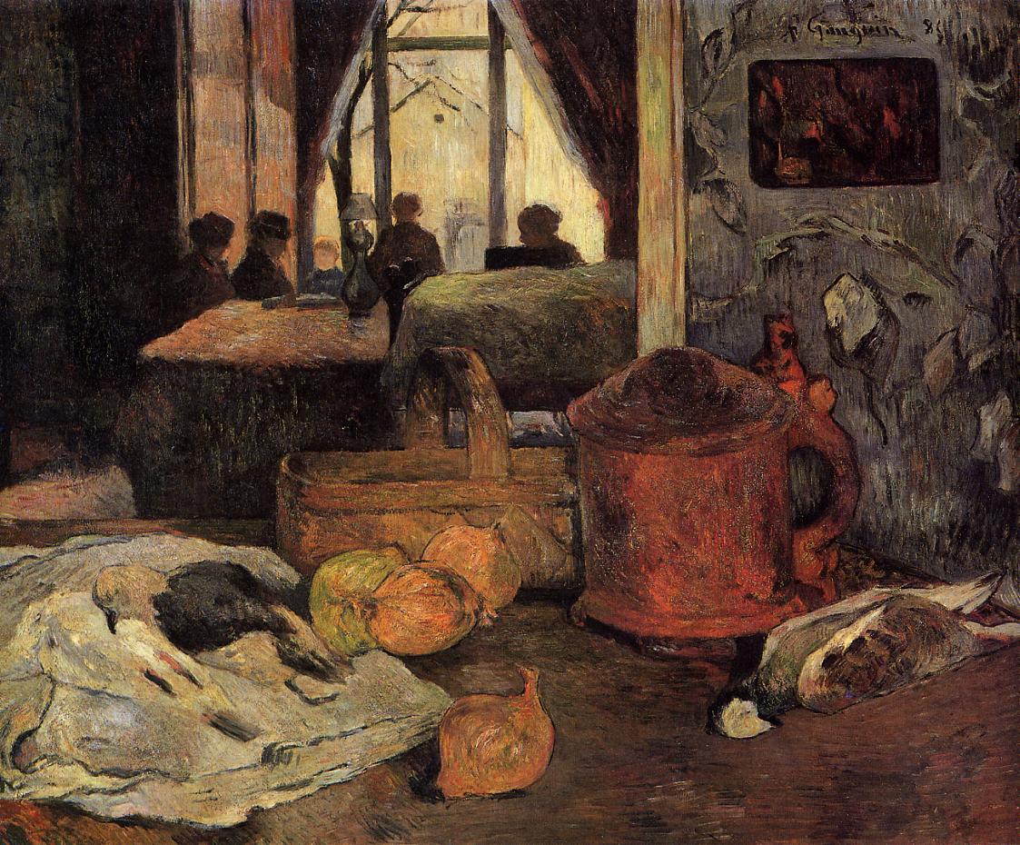 Still life of onions and pigeons and room interior in Copenhagen 1885